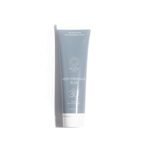 Mediterranean Blue Sunscreen SPF30 front side.
